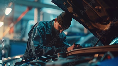 professional automotive technician in overall uniform conducting engine diagnostics in well-equipped workshop