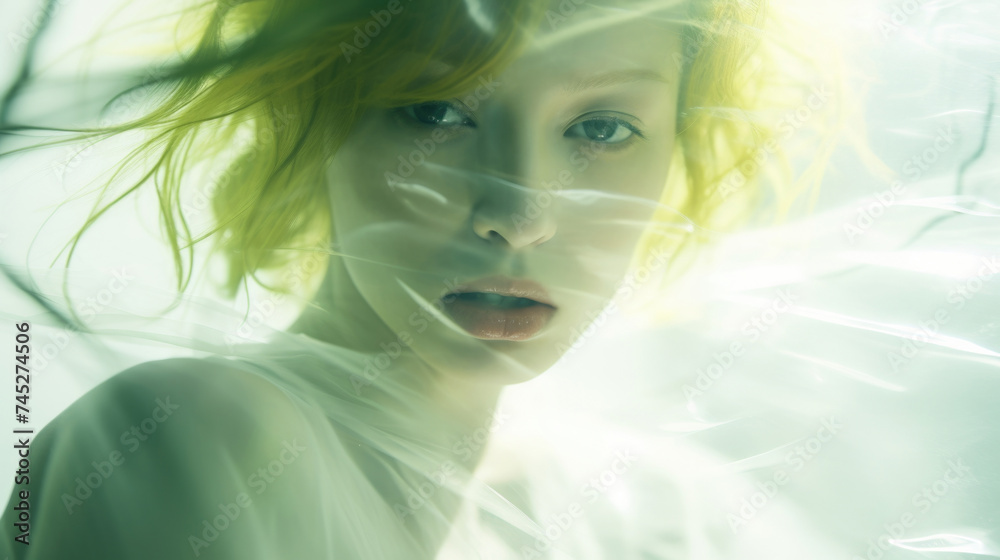 Surreal close up portrait of young woman with water reflections on her face