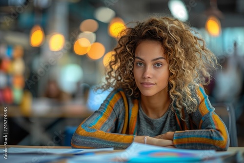 A focused young businesswoman at her office workspace, showing determination and confidence in a modern setting