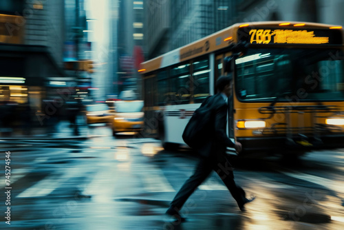Busy City Street with Motion-Blurred Buses