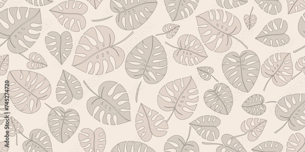 Vector illustration, Seamless pattern of beige leaves of monsters of different shades on a beige background. Background for the site, packaging, product design, wallpaper, fabric, textile Vector illustration, Seamless pattern of beige leaves of monsters of different shades on a beige background. Background for the site, packaging, product design, wallpaper, fabric, textile