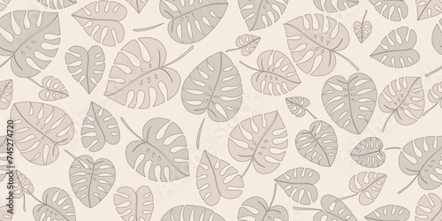 Vector illustration, Seamless pattern of beige leaves of monsters of different shades on a beige background. Background for the site, packaging, product design, wallpaper, fabric, textile