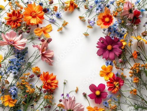 Wallpaper Mural Beautiful wild cosmos flowers laying on the bright background with empty space in the center.  Torontodigital.ca