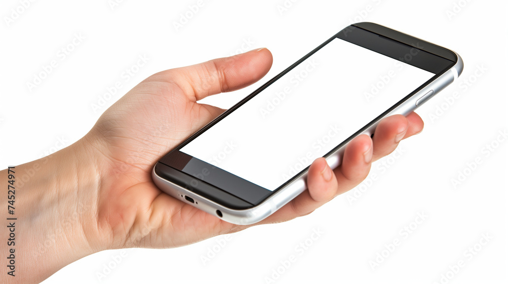 Image of hand holding blank screen cellphone, white background, Ai Generated Images
Image of hand holding blank screen cellphone, white background, Ai Generated Images