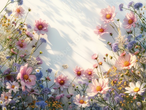 Beautiful wild cosmos flowers laying on the bright background with empty space in the center. 