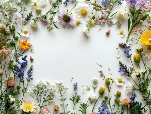 A lot of beautiful fresh wildflowers laying on the bright background with the empty space in the center