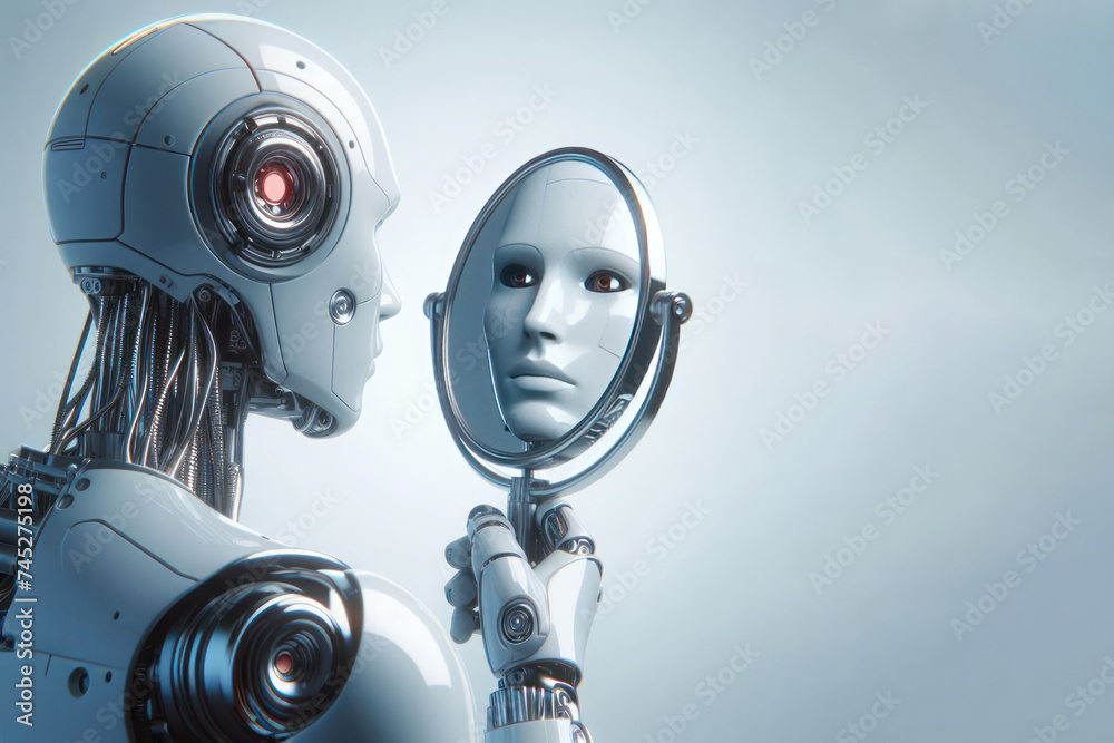 A humanoid robot looks in the mirror and sees its reflection. A humanoid robot looks in the mirror and sees its reflection.