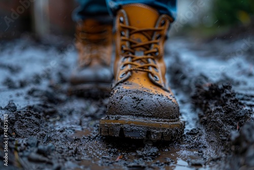 Low-angle shot capturing the rugged detail of a muddy hiking boot in its natural environment, emphasizing adventure