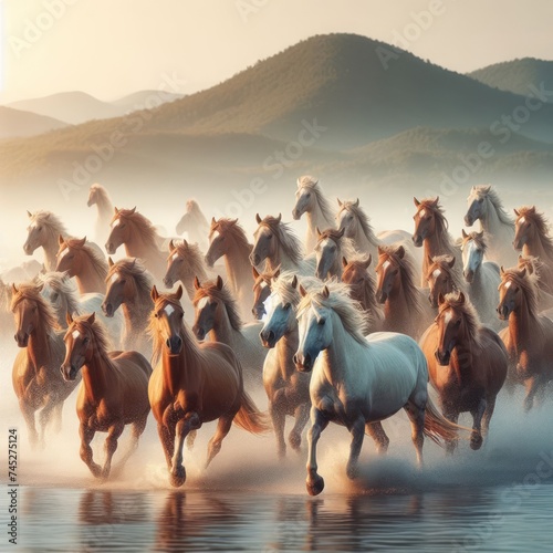 Lots of horses running on the water.