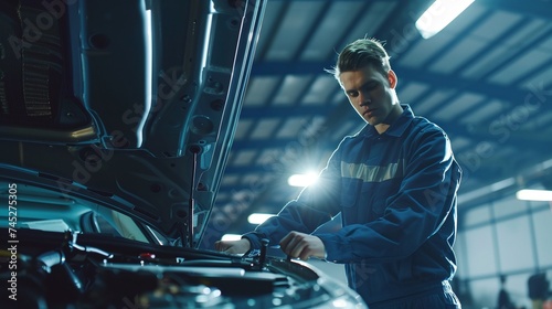 modern car service station features a skilled mechanic in uniform working under the hood in a clean high tech environment