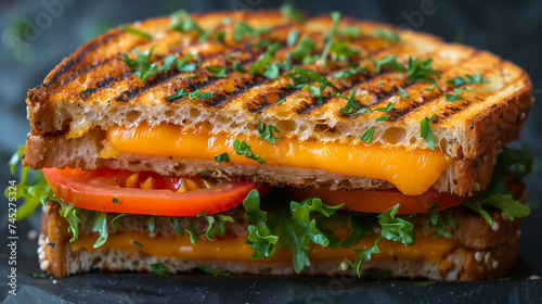 Sandwich with cheese tomatoes and greenery. Concept of cooking