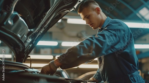 meticulous engine diagnosis by a professional mechanic in uniform at a wellmaintained and clean car workshop