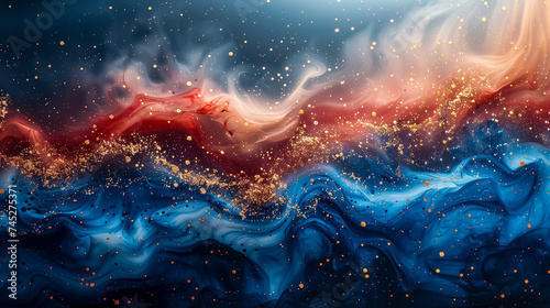 Mesmerizing Abstract Depiction Of Waving Blue And Red Tones Speckled With Glistening Gold Particles