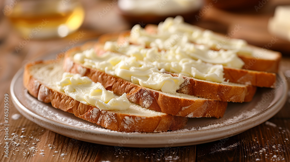 Freshly baked bread with a crispy crust and butter. Concept of healthy breakfast Freshly baked bread with a crispy crust and butter. Concept of healthy breakfast