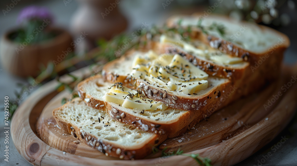 Freshly baked bread with a crispy crust and butter. Concept of healthy breakfast Freshly baked bread with a crispy crust and butter. Concept of healthy breakfast