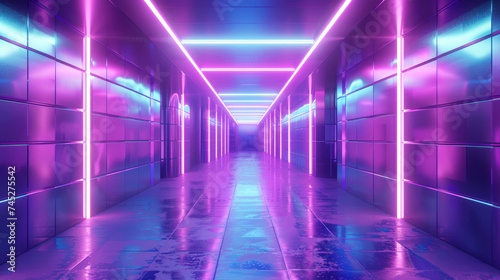Illuminated neon hallway in purple and blue hues, reflecting high-tech futuristic design.