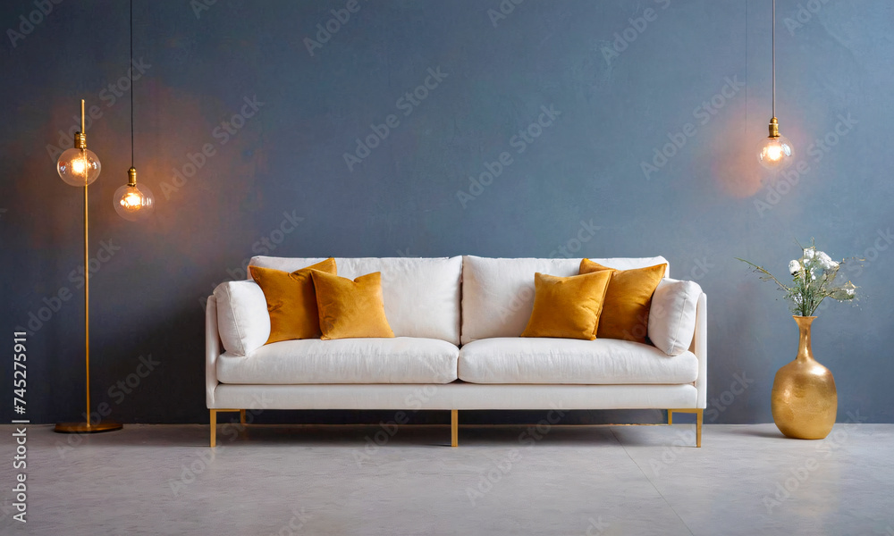 A chic, light-colored sofa offers a tranquil retreat against a minimalist gray backdrop, accented by contrasting cushions and elegant decor elements, embodying modern sophistication. - obrazy, fototapety, plakaty 