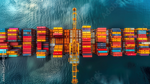 Aerial top view container cargo ship in import export business commercial trade logistic and transportation of international by container cargo ship in the open sea, Container cargo freight shipping.