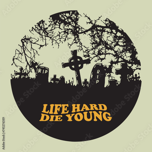 Illustration of a tomb with a headstone for album cover or merchandise