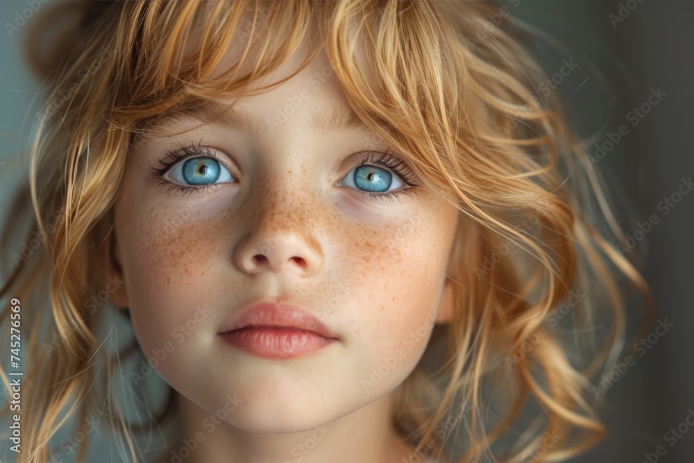 Portrait of a young girl with captivating blue eyes and freckles, serious expression Portrait of a young girl with captivating blue eyes and freckles, serious expression