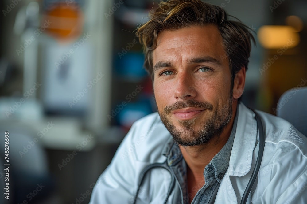 Confident and attractive male doctor smiling in a clinic environment Confident and attractive male doctor smiling in a clinic environment