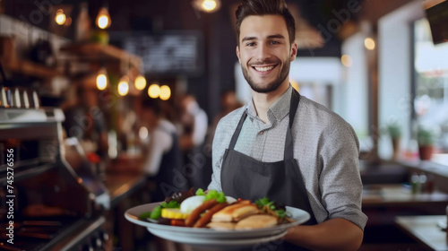 Male caucasian waiter holding dish in restaurant