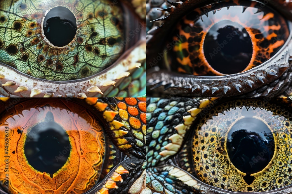 A collage of four detailed and colorful reptile eyes.