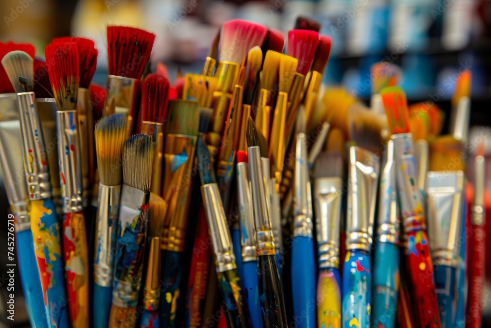 Fototapeta premium A close-up of various colorful and used paintbrushes showcasing an array of artistic tools.