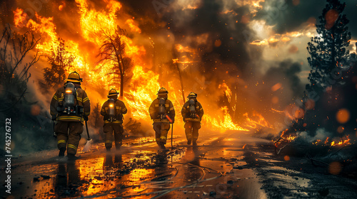 Team Of Firefighters Marches With Purpose Towards A Massive Wildfire, Ready To Battle The Flames