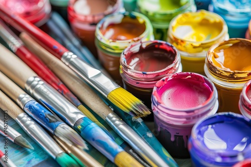A colorful assortment of paintbrushes and paints showcasing a variety of artistic tools.