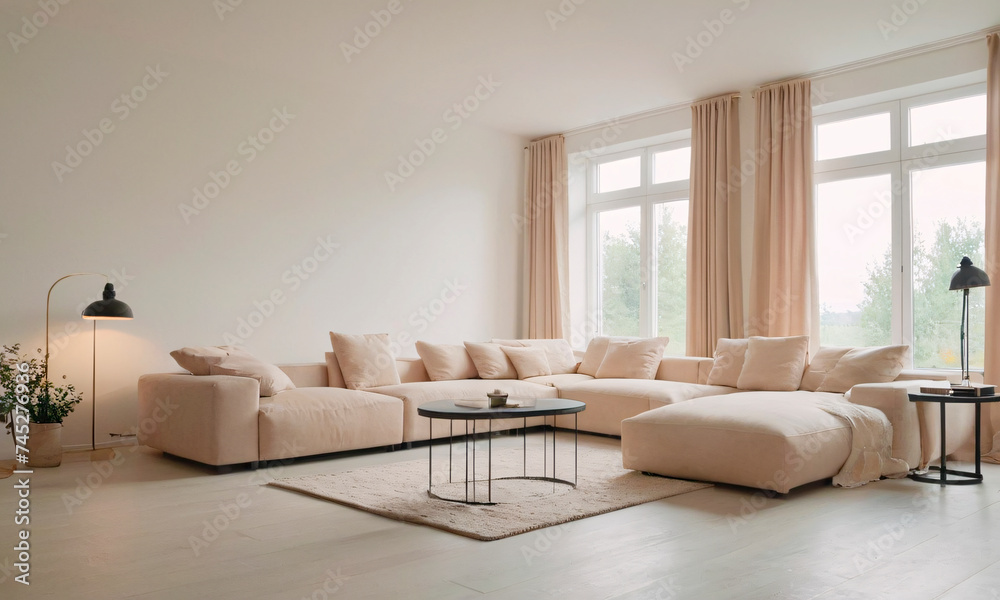 This modern living room, awash with natural light, features a plush grey sofa and minimalist decor, creating a tranquil space that radiates contemporary chic.