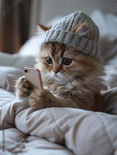 A modern cat lies in bed and watches a video on the phone. The concept of modern technology, online shopping and blogging.