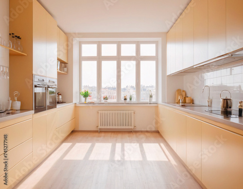 This modern kitchen  awash with natural light  boasts pristine white cabinetry and a warm wooden countertop  creating an inviting space that   s both functional and stylish.