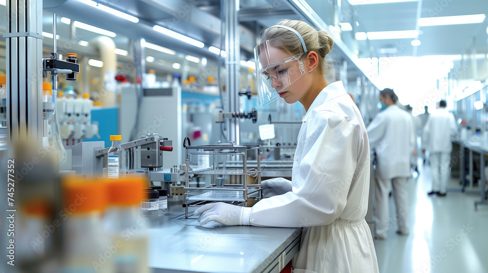 Medical development laboratory: scientists analyze samples. Specialists engaged in medicine and biotechnological research in an advanced pharmaceutical laboratory Medical development laboratory: scientists analyze samples. Specialists engaged in medicine and biotechnological research in an advanced pharmaceutical laboratory