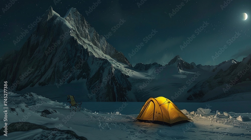 nestled in the snowy embrace of a high mountain landscape a yellow camping tent glows against the night sky offering shelter and solitude