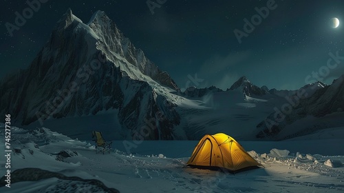 nestled in the snowy embrace of a high mountain landscape a yellow camping tent glows against the night sky offering shelter and solitude