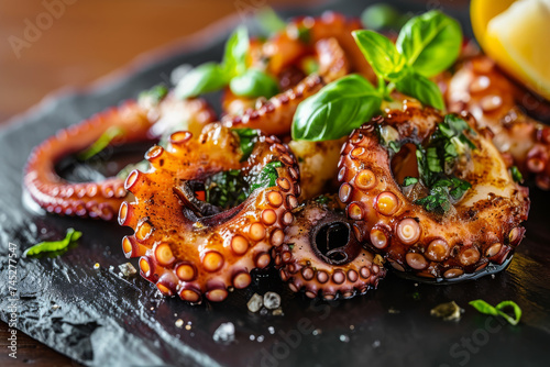 Savor the exquisite blend of flavors with tender octopus tentacles enhanced by aromatic basil and garlic, elegantly served on a black stone plate, showcasing the essence of seafood indulgence.
