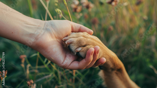 A dog affectionately offers its paw to a woman, symbolizing a gesture of trust, friendship, and companionship. photo