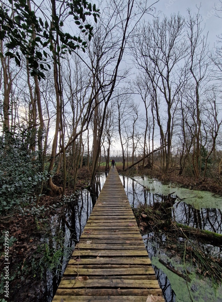 Wooden platform in winter landscape with one person walking in the distance Wooden platform in winter landscape with one person walking in the distance