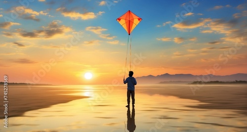 Explore the simplicity and beauty of solitary kite flying with an ultra-realistic image, focusing on a single kite soaring against the backdrop of a sunset or sunrise-Ai Generative © Sbahat