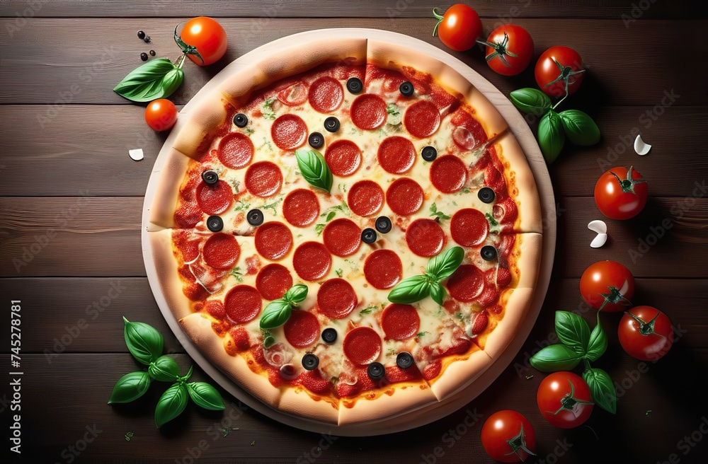 tasty pizza, top view. Beautiful background for national pizza day, italian restaurant menu or pizzeria. Traditional Italian food. National pizza day