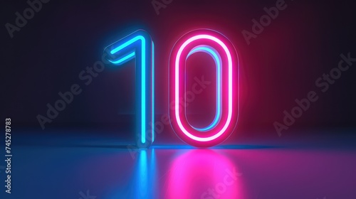 Abstract 3D Render of Glowing Number Ten Illuminated in Pink and Blue Neon Light: A Digital Symbol of 10 photo