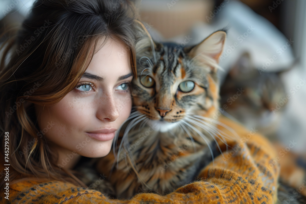 beautiful woman sitting with her cats at home beautiful woman sitting with her cats at home