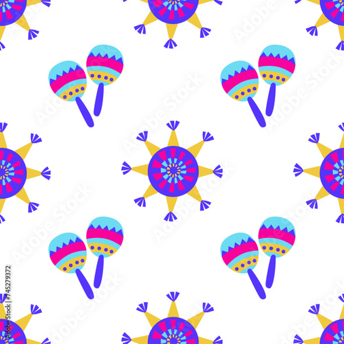 Vector bright sramless pattern with colorful stars  pinatas and maracas on white background