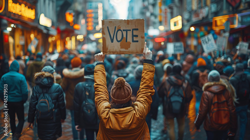 Vote sign held by a hand during a manifestation, polling, elections, politics, voting, political	