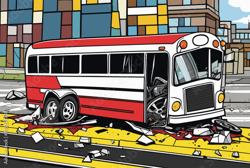 a broken bus and car in an accident