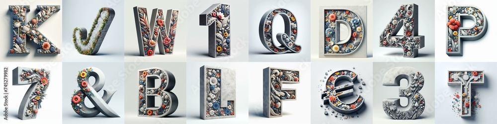 Obraz premium Concrete letters blens with flowers shape 3D Lettering Typeface. AI generated illustration