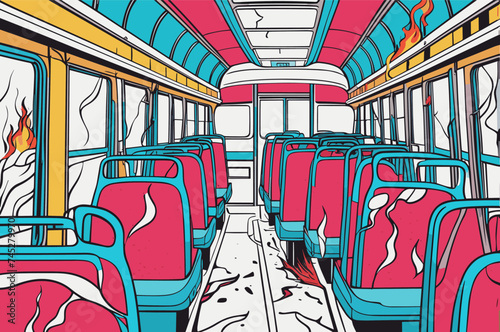 a broken bus interior with fire in an accident 