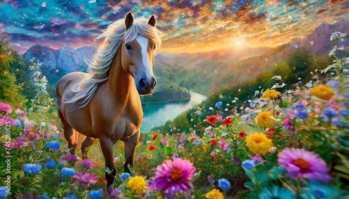 Brown horse in the floral meadow and river landscape