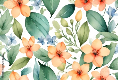 Seamless pattern with spring flowers and leaves. Hand drawn watercolor background. Floral pattern for wallpaper or fabric photo
